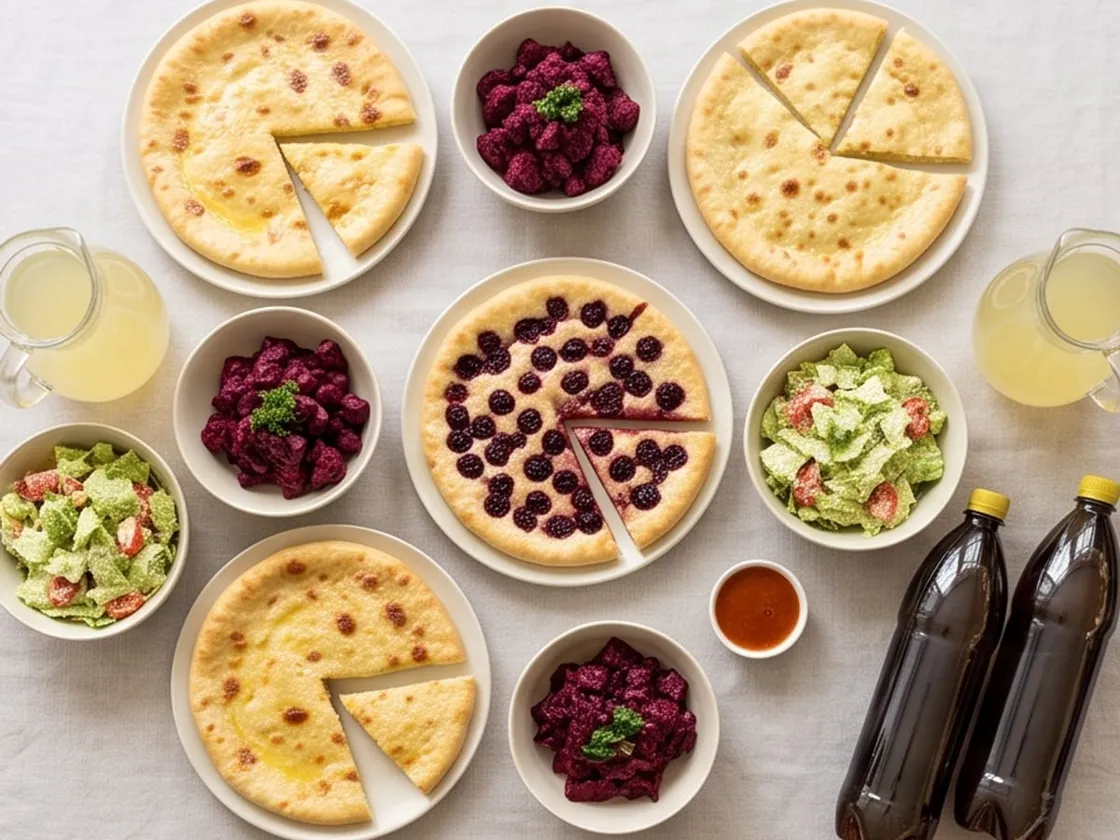 Женский сет: Семь больших пирогов без мяса, два из них вишнёвые, шесть салатов, лимонад, Нартон и компот.
